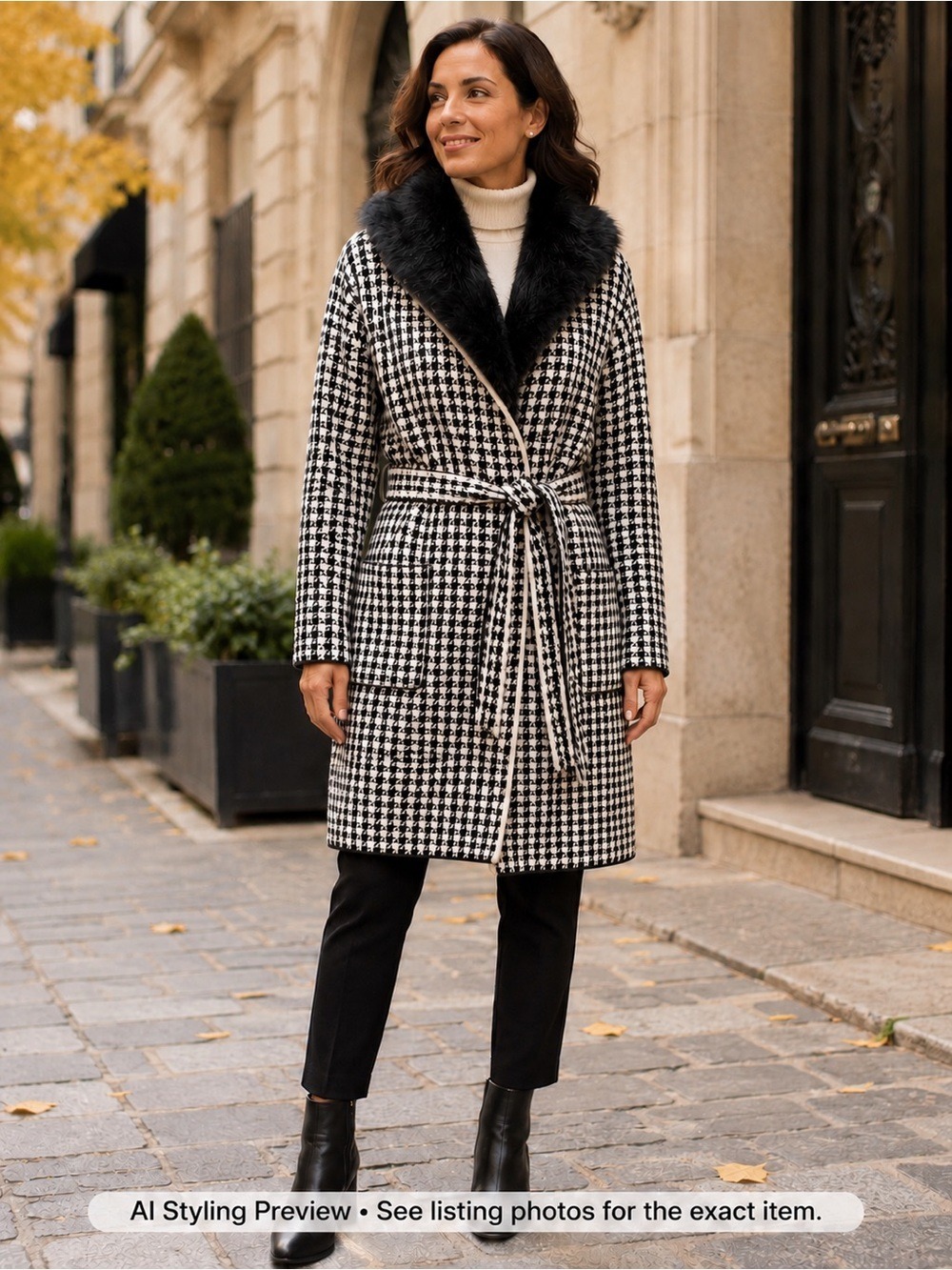 Jane & John Houndstooth Belted Sweater Coat Faux Fur Collar Large no
